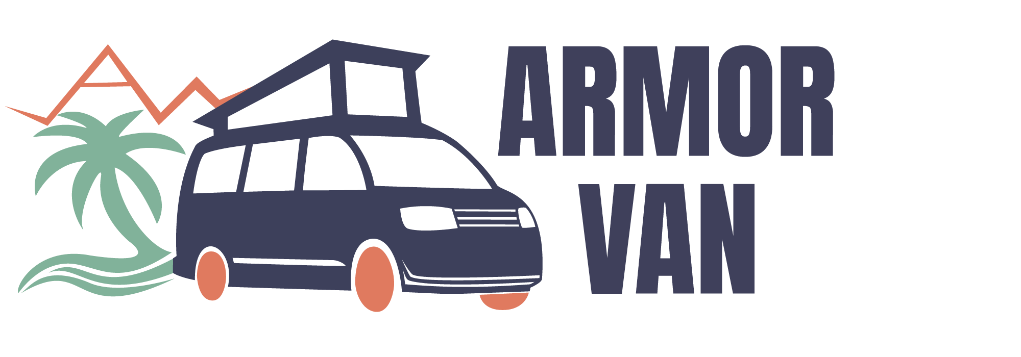 Logo Armor Van en version horizontale et colorée. Van aménagé, tente de toit, aventure et vagues pour la Bretagne